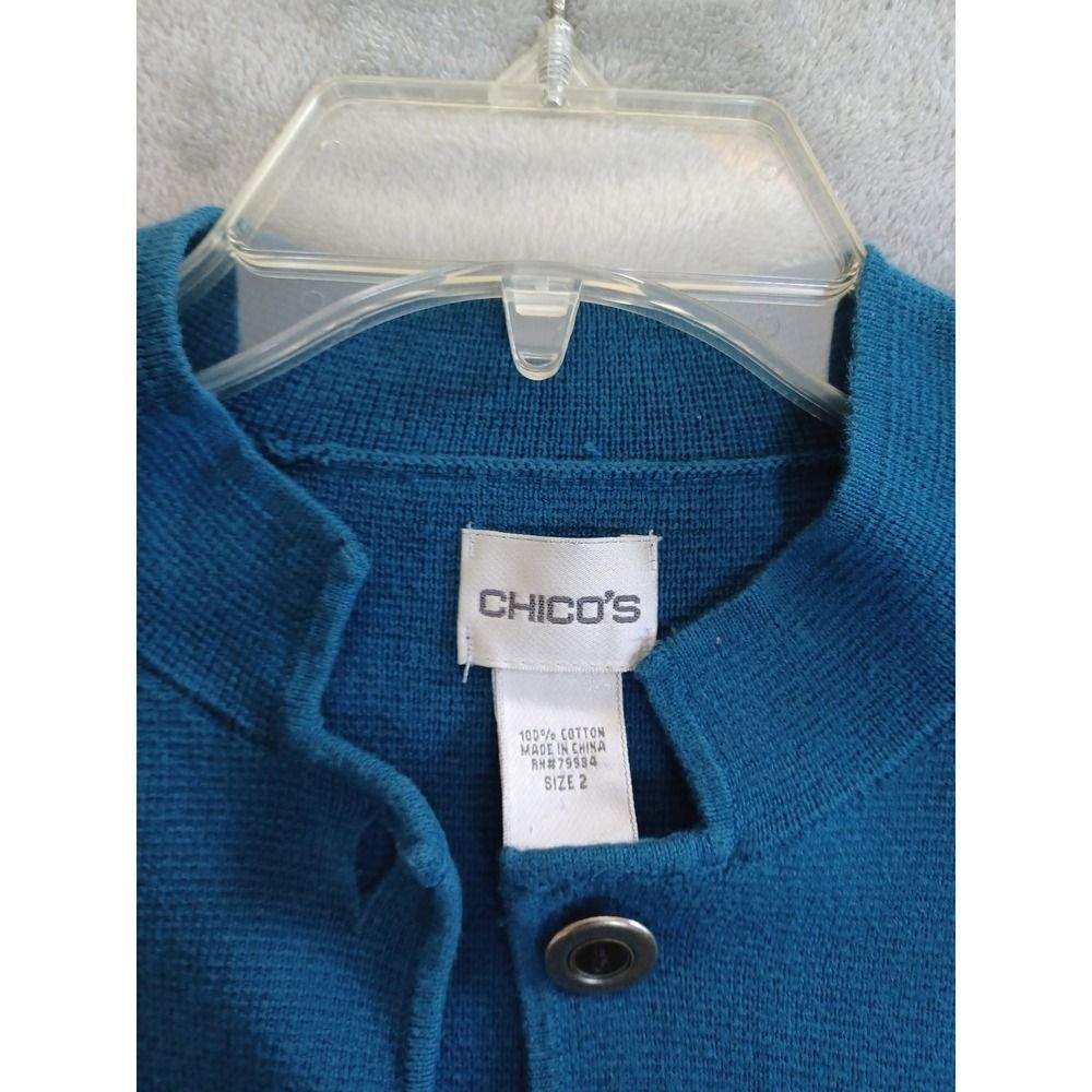 Chicos‎ Sz 2 Lg Cardigan Jacket Knit Military Button Cotton Blue Stretch Office - Picture 3 of 10